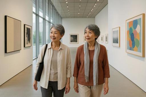 アートギャラリーに訪れた女性2人組 アートギャラリーに訪れた女性2人組の写真