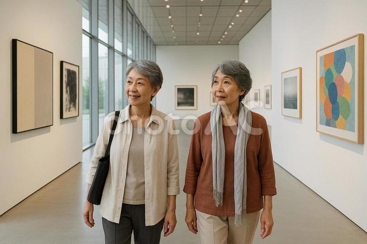 アートギャラリーに訪れた女性２人組 現代アート,芸術の秋,文化の日の写真素材