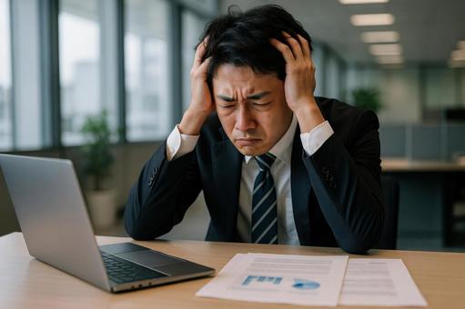 考え込む若手社員 考え込む若手社員の写真