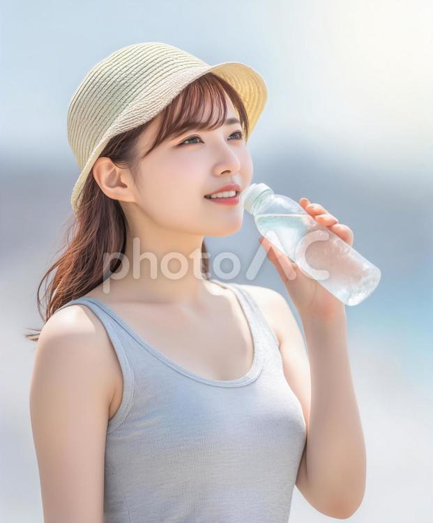 水分補給する帽子をかぶった女性 水分補給,女性,夏の写真素材