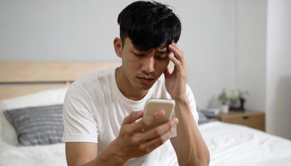スマートフォンを見て悩む室内ポートレート スマートフォンを見て悩む室内ポートレートの写真