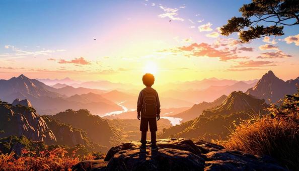 夕焼けの空を見つめる日本人の少年 夕焼けの空を見つめる日本人の少年の写真
