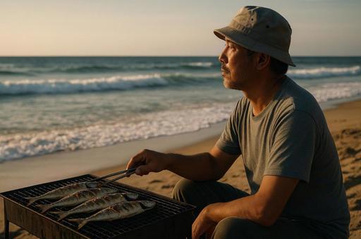 夕陽と魚の浜辺焼き 夕陽と魚の浜辺焼きの写真