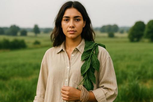 緑の畑に立つ、自然と共に生きる女性 緑の畑に立つ、自然と共に生きる女性の写真