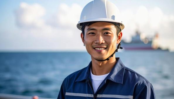 海上で働く笑顔の若い日本人男性作業員写真 海上で働く笑顔の若い日本人男性作業員写真の写真