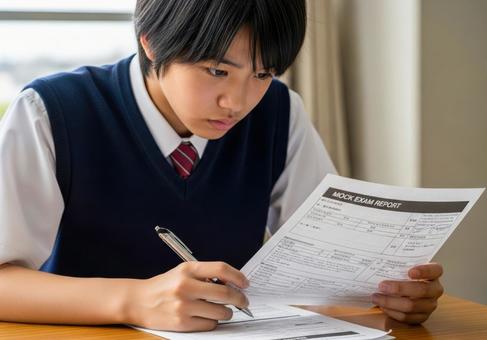 テスト結果を見つめる男子学生の写真