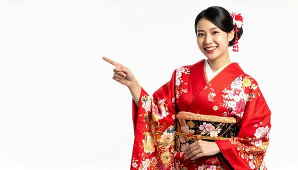 着物/女性/指差し/笑顔 着物/女性/指差し/笑顔の写真
