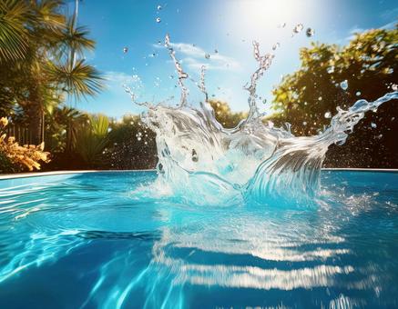 青空とプールの水しぶき 青空とプールの水しぶきの写真