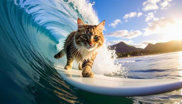 サーフィン中チューブに包まれる寸前の猫Bの写真