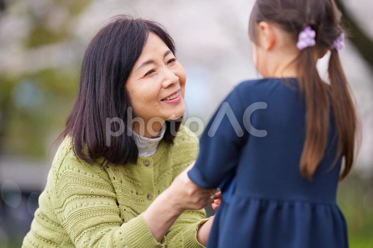 桜の前で手を繋ぐ女の子と祖母 女の子,小学生,子どもの写真素材