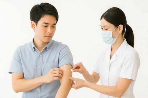 看護師に注射してもらう男性 看護師に注射してもらう男性の写真