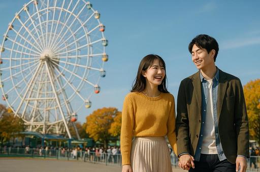 遊園地デートをする男女 遊園地デートをする男女の写真