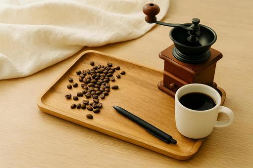 木製トレイに並ぶコーヒー道具 木製トレイに並ぶコーヒー道具の写真