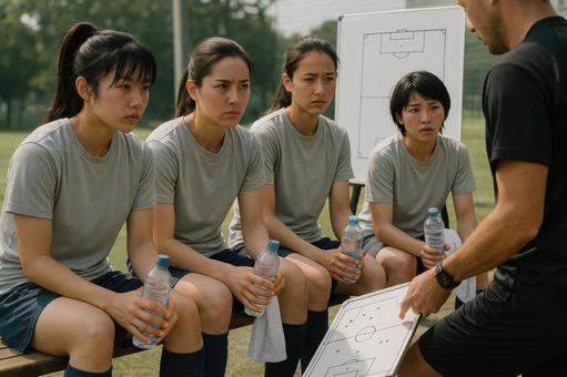 ベンチで作戦会議をする女子選手 ベンチで作戦会議をする女子選手の写真