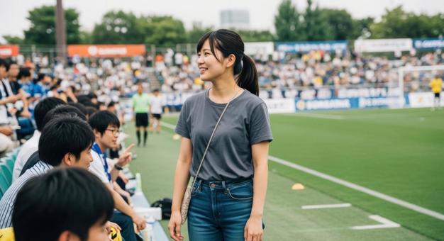 サッカースタジアムで観戦を楽しむ女性 サッカースタジアムで観戦を楽しむ女性の写真