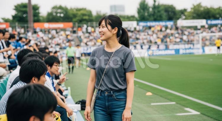 サッカースタジアムで観戦を楽しむ女性 サッカー,観戦,女性の写真素材
