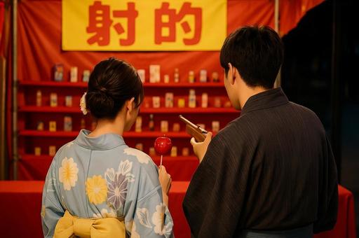 浴衣姿のカップルが夜店の射的を楽しんでる 浴衣姿のカップルが夜店の射的を楽しんでるの写真