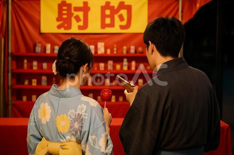 浴衣姿のカップルが夜店の射的を楽しんでる 浴衣,カップル,射的の写真素材