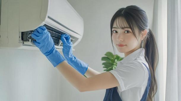 エアコンを掃除する若い女性 エアコンを掃除する若い女性の写真