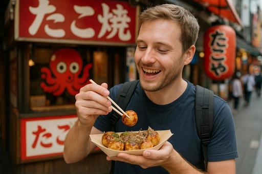 日本でたこ焼きを楽しむ外国人観光客 日本でたこ焼きを楽しむ外国人観光客の写真