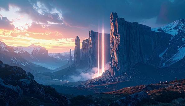 朝焼けに輝く岩壁と光の柱の写真