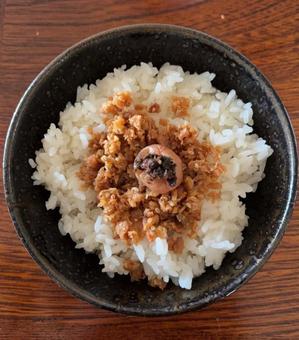 白米ご飯に鶏そぼろとかつお梅の茶碗飯 白米ご飯に鶏そぼろとかつお梅の茶碗飯の写真