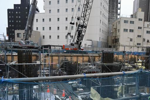 Photo, townscape, crane car, scaffold, 