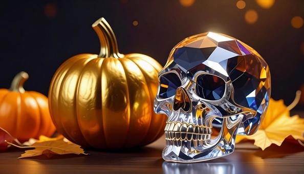 クリスタルスカルヘッドとゴールドカボチャの写真