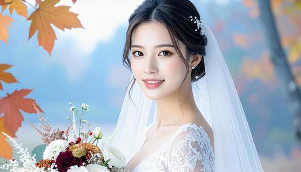 秋のウェデイングドレス姿の花嫁 ブーケ 秋のウェデイングドレス姿の花嫁 ブーケの写真