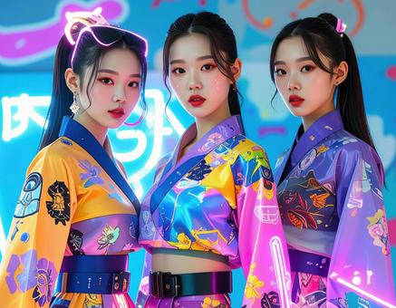 近未来的な韓服風衣装を着た3人グループ 近未来的な韓服風衣装を着た3人グループの写真