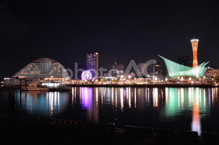 神戸ポートアイランド 夜景,リフレクション,港の写真素材
