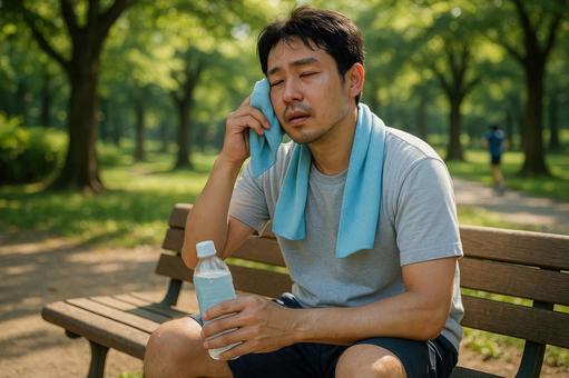 首に冷感タオルを巻く男性 首に冷感タオルを巻く男性の写真