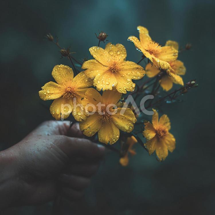優しく手で包み込まれた黄色の花束 花,コスモス,水滴の写真素材