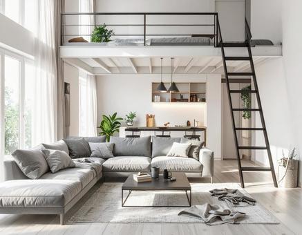 ロフトのあるシンプルなリビングルームの写真