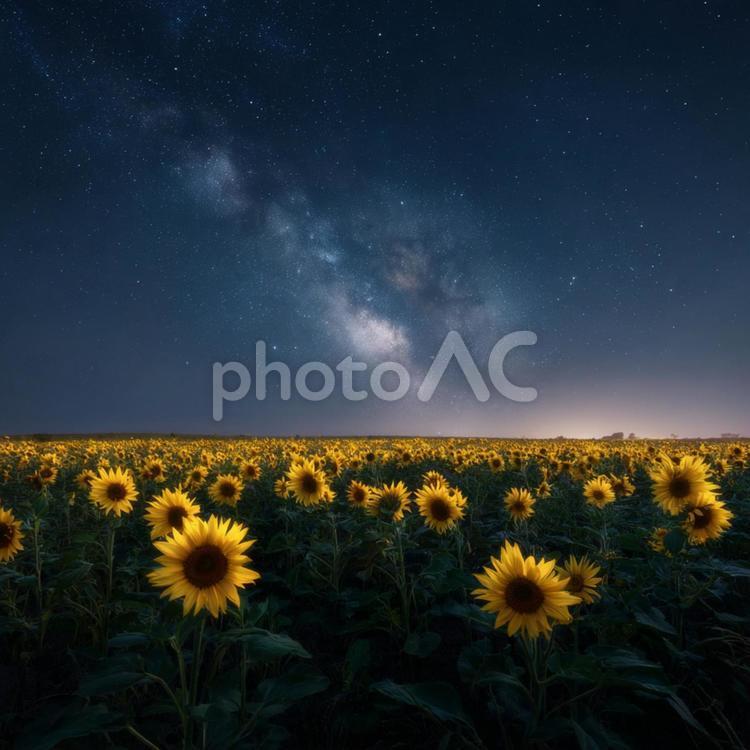 星空の下、輝くひまわり畑の幻想的な夜 ひまわり,花畑,夜空の写真素材