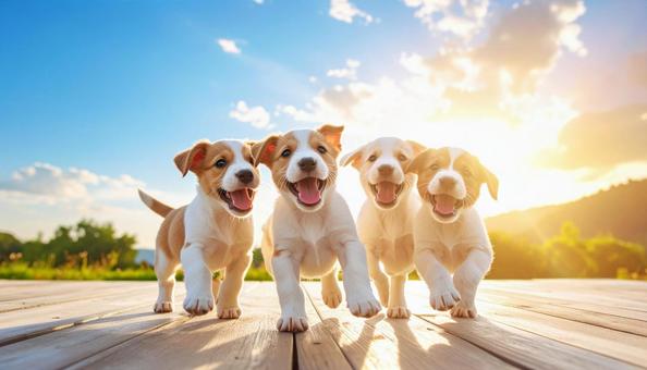 たくさんの子犬が駆け寄ってくる写真 たくさんの子犬が駆け寄ってくる写真の写真