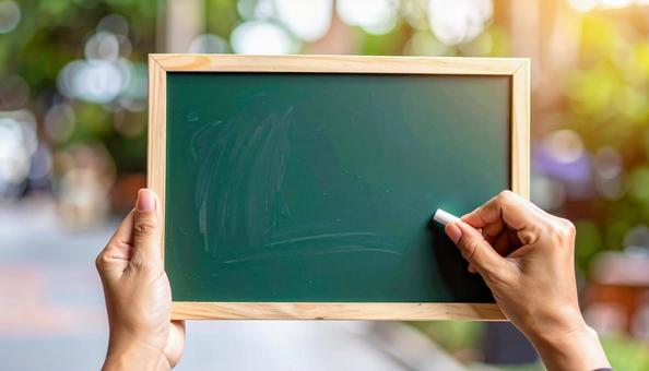 お知らせ 緑の黒板を持つ女性 お知らせ 緑の黒板を持つ女性の写真