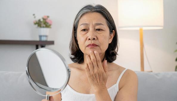 ほうれい線を気にして肌を触る中年の女性の写真