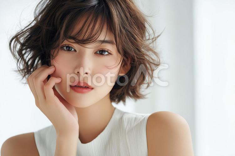 頬に手を当て微笑むショートボブの女性 ショートボブ,若い女性,ポートレートの写真素材