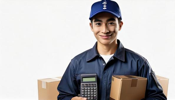 A man from a moving company showing prices on a calculator, 1 person, asian, trader, JPG