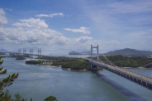 A panoramic view of the Great Seto Bridge from Mount Washu in Kurashiki, seto ohashi bridge, honshu-shikoku bridge, shimotsuisetoo bridge, JPG