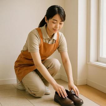 高齢者の靴を整える介護士 高齢者の靴を整える介護士の写真