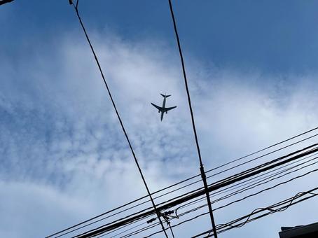 電線の間にいる飛行機 電線の間にいる飛行機 飛行機,青空,文字スペースの写真素材