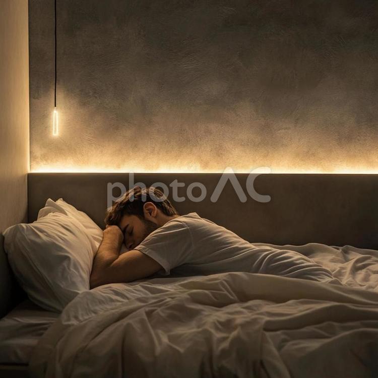 モダンな寝室で眠る若い男性の夜 男性,若い,寝ているの写真素材
