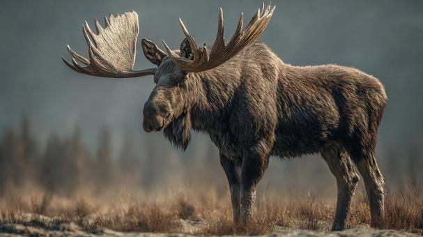 巨大な角を持つヘラジカのリアルな全身像 巨大な角を持つヘラジカのリアルな全身像の写真