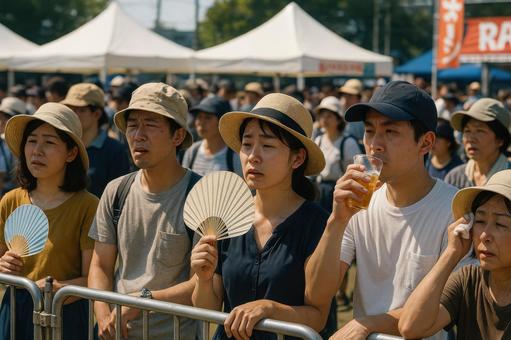屋外イベントで暑さに耐える観客 屋外イベントで暑さに耐える観客の写真
