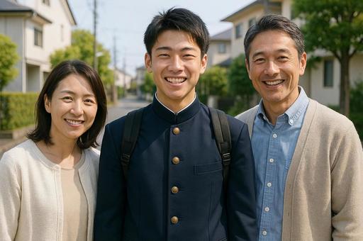 笑顔の家族と学生 笑顔の家族と学生の写真