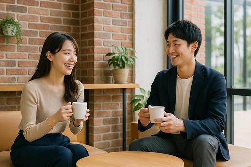 カフェで楽しい会話をする男女 カフェで楽しい会話をする男女の写真