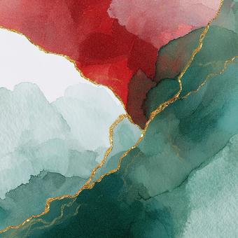 赤と緑と金の流れるような抽象画の写真