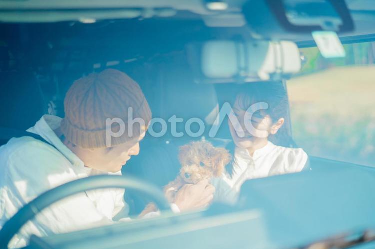 車でお出かけする犬と男女（車内） 車,旅行,ドライブの写真素材